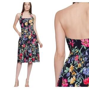 Vintage 1980 Together Halter Black Vibrant  Floral Midi Dress Sz 8 Cotton Pocket